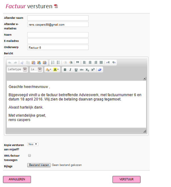inkomsten factuur versturen